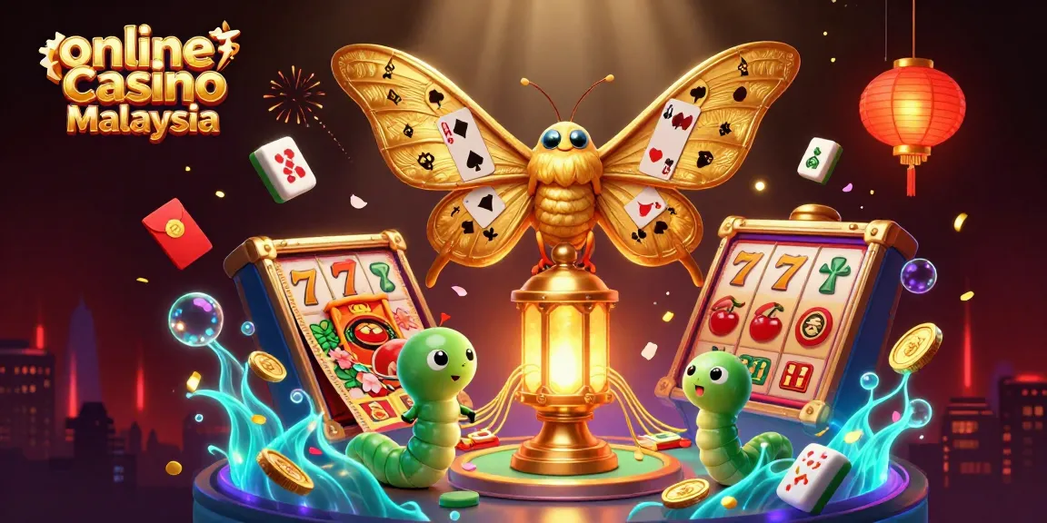 Engage with the vibrant scene of online casino Malaysia, featuring slot reels and golden butterflies amidst a dynamic casino atmosphere.