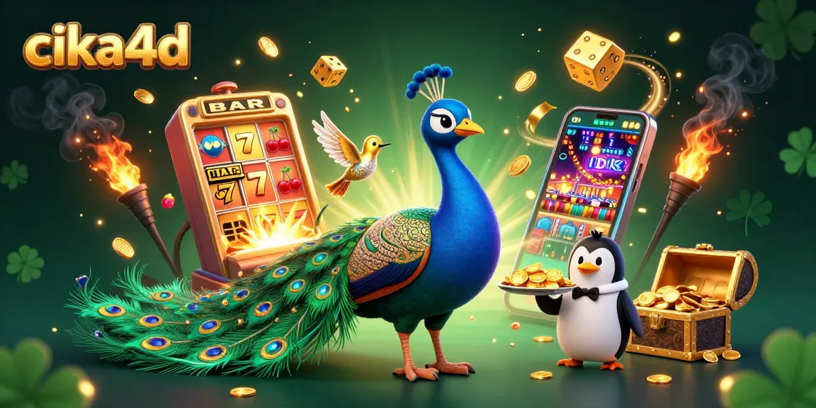 Cika4d showcases a vibrant 3D scene with a luxurious peacock, a penguin waiter, and a dynamic slot machine bursting with jackpots.