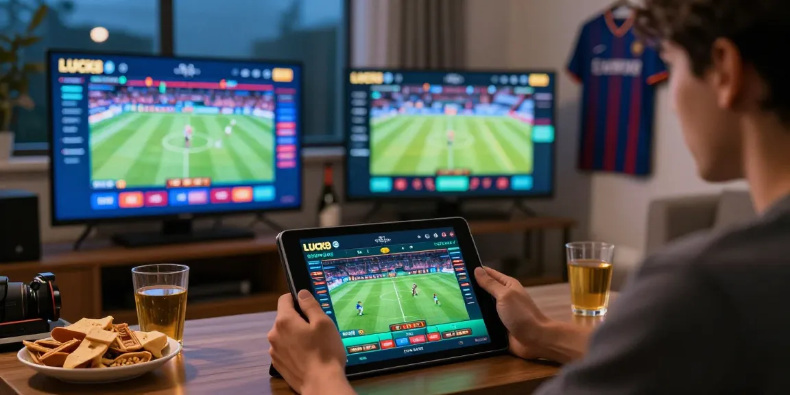 LUCK8 online betting experience with a joyful user engaging with live sports events at home.