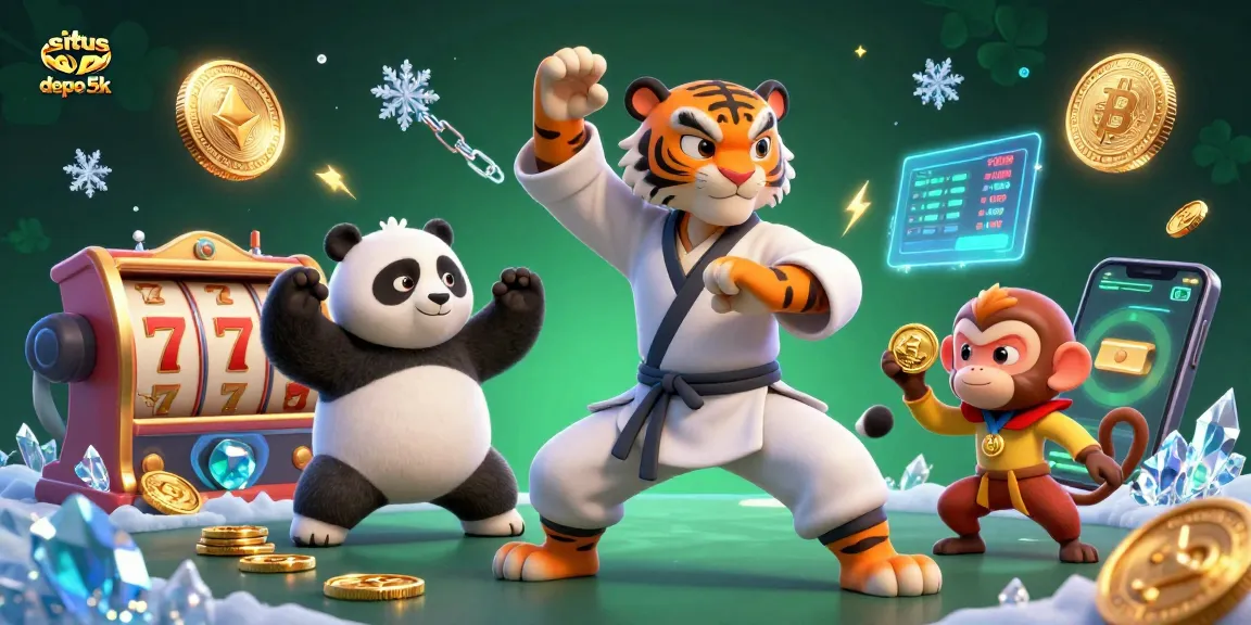 Situs depo 5k showcases a vibrant 3D illustration of a kung fu tiger, panda, and monkey in a lively casino scene with slot reels.