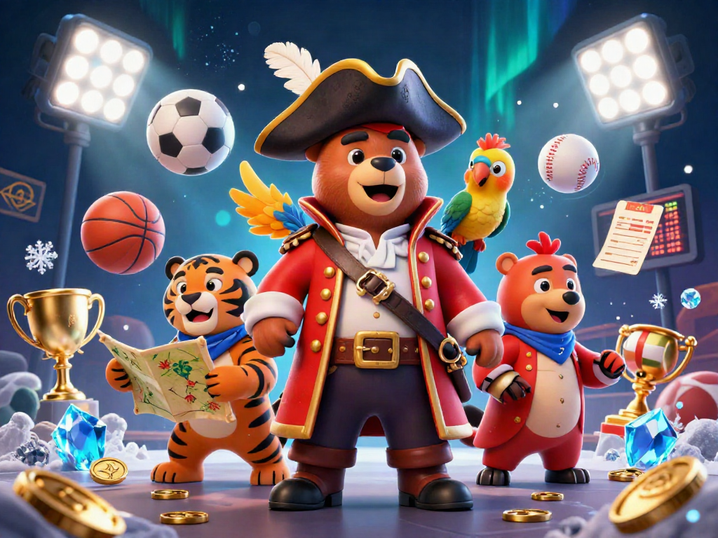 Experience MEGAWIN with thrilling sports action, showcasing a pirate bear, tiger, and dazzling elements.