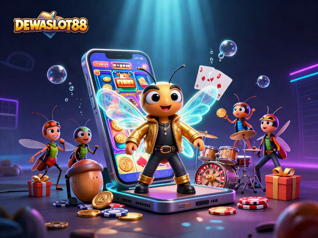 Spin reels and win big with DEWASLOT88 in a vibrant 3D casino illustration filled with excitement.