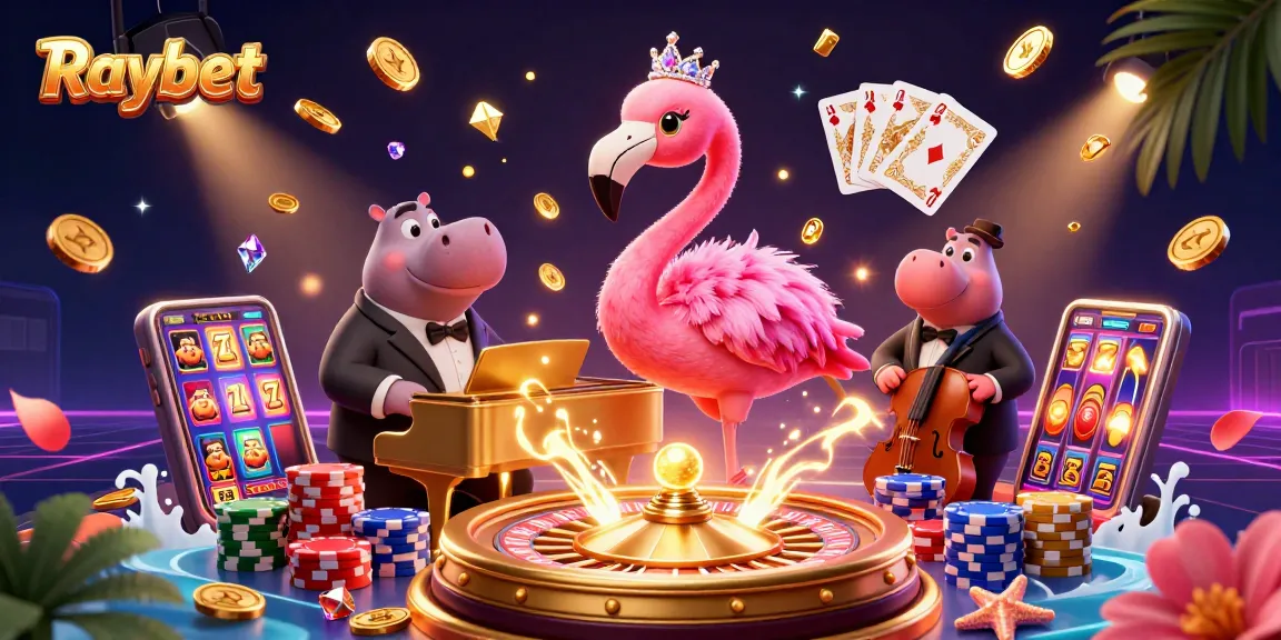 Raybet's vibrant casino scene features a singing flamingo, jazz hippo, and dynamic gaming elements.