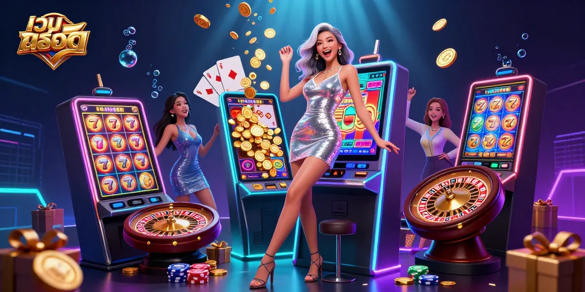 Experience thrilling เว็บสล็อต action as golden coins erupt from a joyful player at the jackpot slot machine.