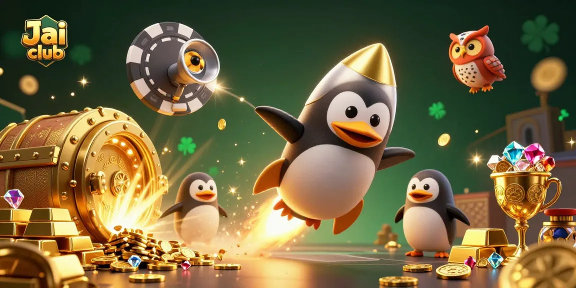 Engage with Jai club's vibrant 3D casino realm showcasing a penguin and space station.