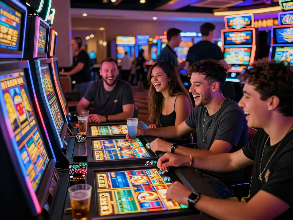 Friends enjoying a lively bandar slot experience in a vibrant casino atmosphere.