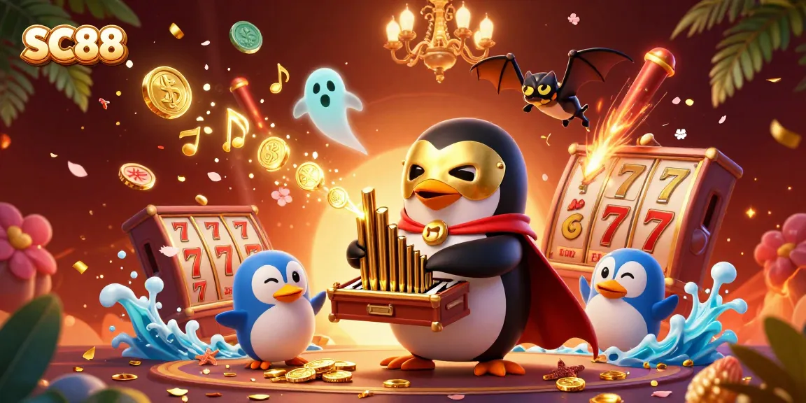 Engage with the SC88 slots experience featuring a penguin organist and vibrant casino elements.