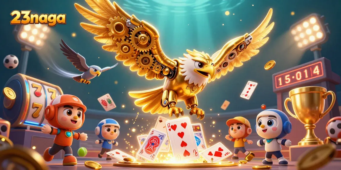 Engage with 23naga in a vibrant casino scene featuring golden eagle, slot reels, and sports elements.