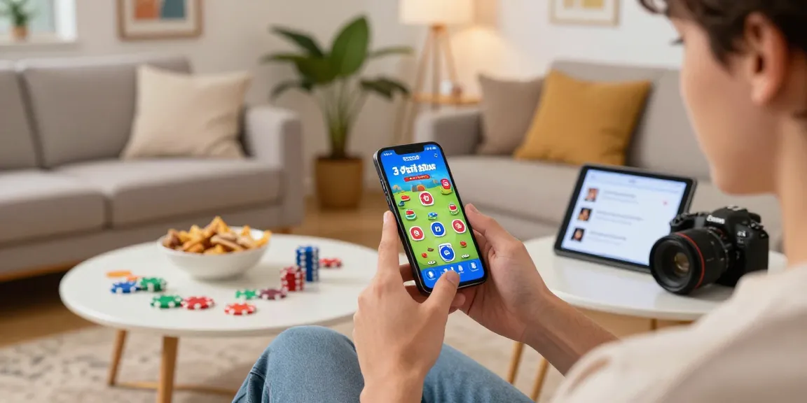 Enjoying the 3 Patti Blue app with a smartphone in a cozy living room, engaging in interactive gameplay.