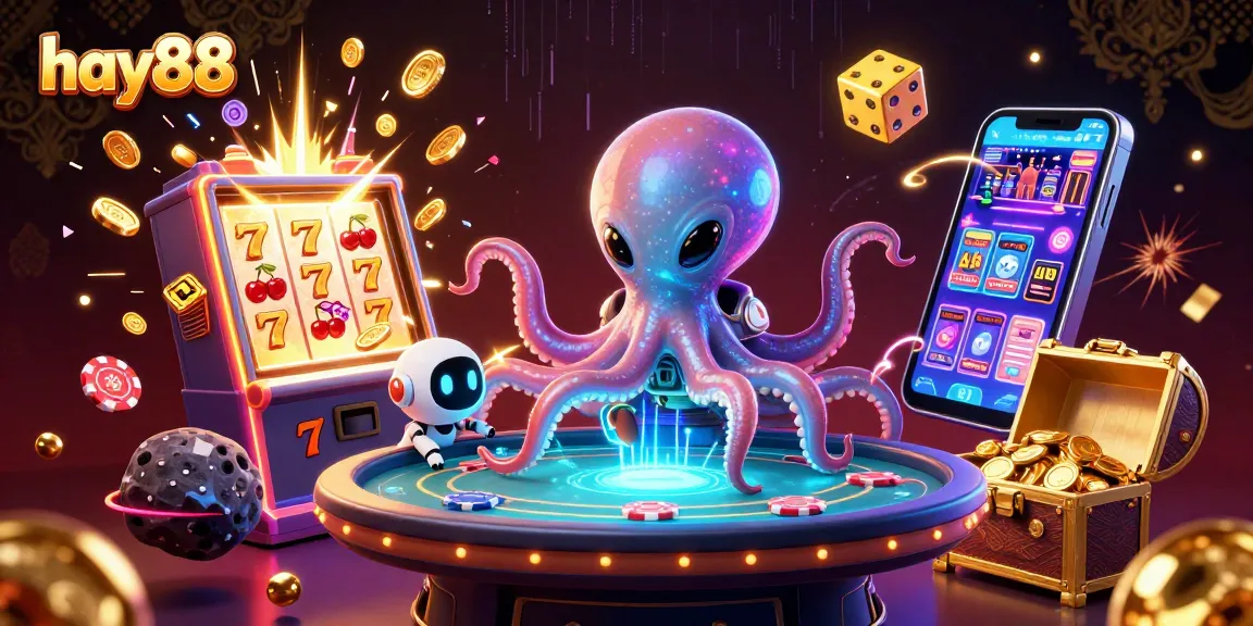 hay88 alien octopus at a holographic poker table amidst cosmic jackpot wins and vibrant casino elements
