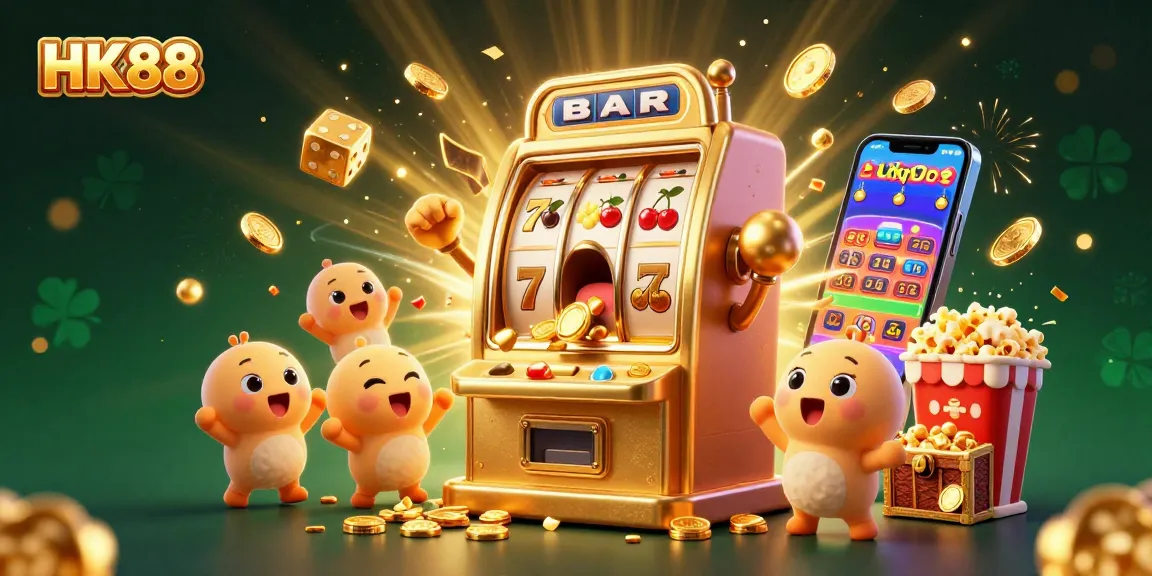 HK88 slot machine celebrates a jackpot win, surrounded by colorful casino elements and cheering characters.