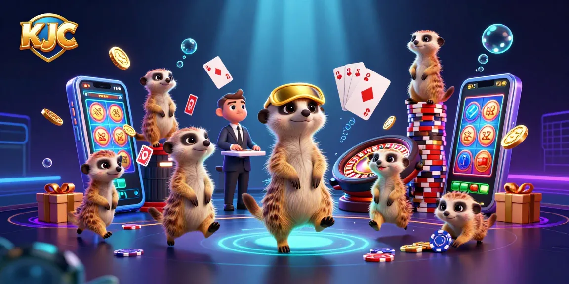 Experience KJC's vibrant casino world with meerkats running an exciting operation among dynamic gaming elements.