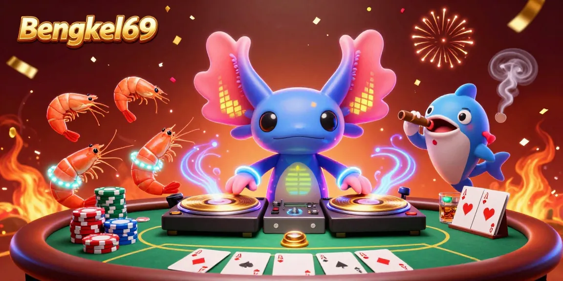 Bengkel69 showcases vibrant 3D casino scene with DJ axolotl and themed gambling elements.